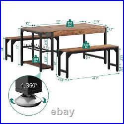 3-Piece 63 Wood Dining Table Set with 2 Benches Kitchen Table Set for 4 People