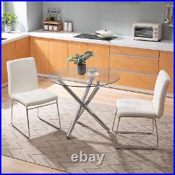 3 Piece Dining Room Table Set Round Glass Table with White PU Leather Dining Chair