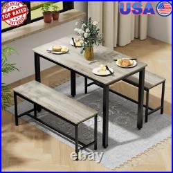 3-Piece Dining Table Set 4 Person Space-Saving Benches Gray Wood Grain Sturdy US