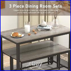 3-Piece Dining Table Set 4 Person Space-Saving Benches Gray Wood Grain Sturdy US