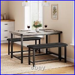 3 Piece Dining Table Set for 4, Kitchen Table with 2 Upholstered Benches, Gray