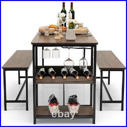 3-Piece Dining Table Set with3-Piece Dining Table Set &2 Wide Benches Coffee Black