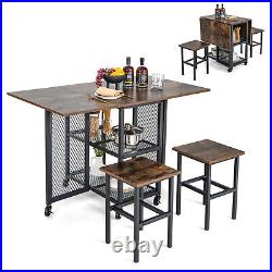 3-Piece Foldable Dining Table Set, Drop Leaf Expandable Dining Table & 2 Stools