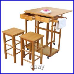 3-Piece Kitchen Dining Table & Chairs Solid Wooden Rolling Dinner Cart withDrawers