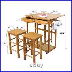 3-Piece Kitchen Dining Table & Chairs Solid Wooden Rolling Dinner Cart withDrawers