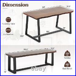 3 Pieces Dining Table Set 63 Large Table and 2 Long Benches for 4-6 People