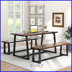 3 Pieces Dining Table Set 63 Large Table and 2 Long Benches for 4-6 People