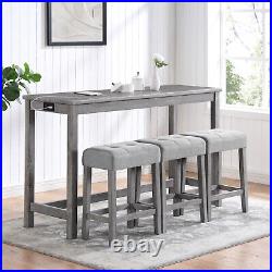 4 Piece Bar Table Set Counter Height Dining Table with 3 Stools and Power Outlet