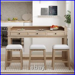 4 Piece Dining Bar Table Set With 3 Upholstered Stools, 3 Drawers, USB Port