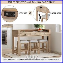 4 Piece Dining Bar Table Set With 3 Upholstered Stools, 3 Drawers, USB Port