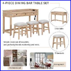 4 Piece Dining Bar Table Set with 3 Upholstered Stools Dining Table with3 Drawers