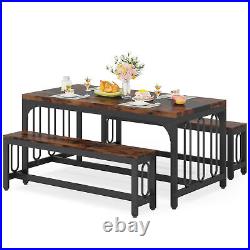 55 Kitchen Dining Table with 2 Benches for 4-6 Person, 3-Piece Dining Table Set