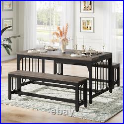 55 Rectangle Kitchen Dining Table with 2 Benches, 3-Piece Dining Set for 4 to 6