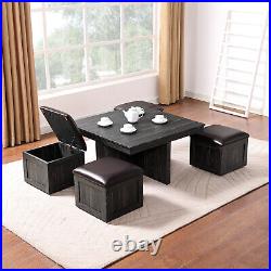 5 Piece Coffee Table Set Folding Dining Table with 4 Storage Stools Lounge Table