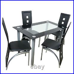 5 Piece Dining Table Set Black Glass 4 Chairs Seats Kitchen Dinette Home Decor