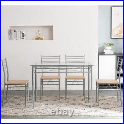 5 Piece Metal Dining Table with4 Chairs Wood Kitchen Dining Room Black/Silver