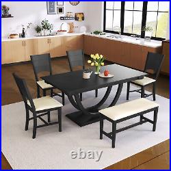 6-Piece Dining Table Set with Upholstered Long Bench and Dining Chairs