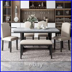 6-piece Dining Table with 4 Chairs & 1 Bench Table with Marbled Veneers Tabletop