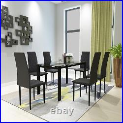 7 Piece Dining Table Set for 6 Chairs Clear Glass Metal Kitchen Room Breakfast