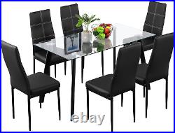 7 Pieces Dining Table Set, Glass Dining Table Set for 6, Kitchen Dinner Table with