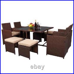9 Piece Dining Table Set w / Chairs / Stool / Cushions Kitchen Rattan Furniture