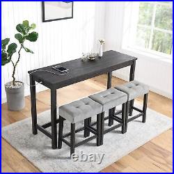 Bar Table Set with Power Outlet, 4 Piece Dining Set, Industrial Style