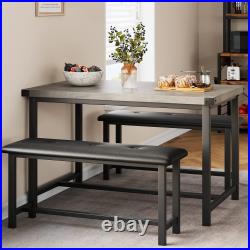 Industrial 3-Piece Dining Table Set, Rectangular Kitchen Table & 2 Benches