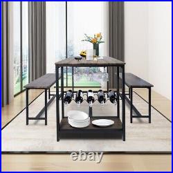 LONABR 3 Piece Dining Table Set with 2 Benches Wine Rack Storage Shelf Breakfast