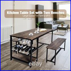 LONABR 3 Piece Dining Table Set with 2 Benches Wine Rack Storage Shelf Breakfast