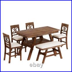 NEW 6-Piece Wood Dining Table Set with Storage Shelf, with Bench and 4 Chairs